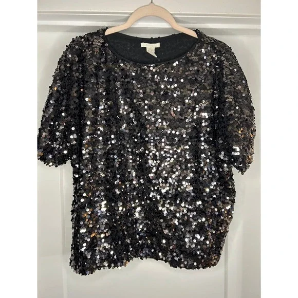 HM Black Sequin Short Sleeve Top Womens Large Boxy Scoop Neck Party Blouse - Picture 1 of 7